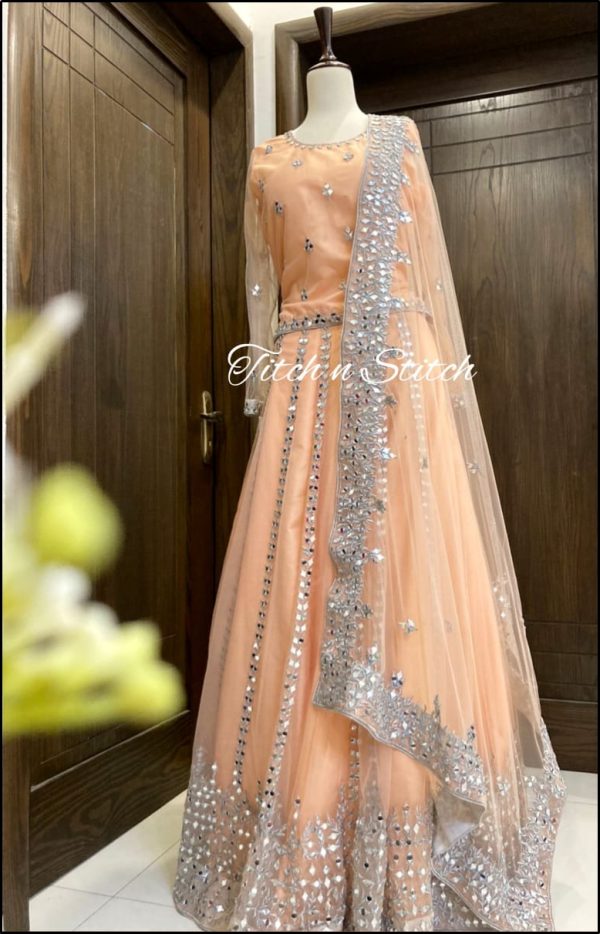 Peach Mirror Work Lehenga Choli TNSML10