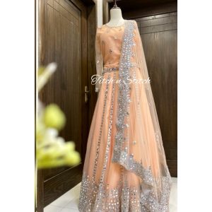 Peach Mirror Work Lehenga Choli TNSML10