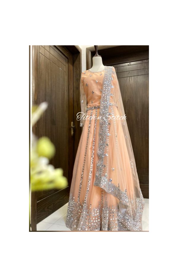 Peach Mirror Work Lehenga Choli TNSML10